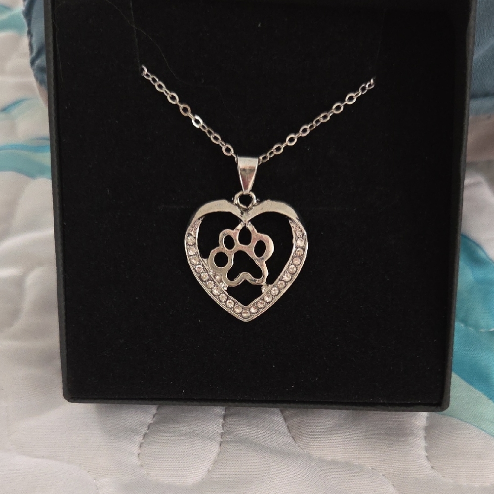 Silver Heart Paw Pendant Necklace